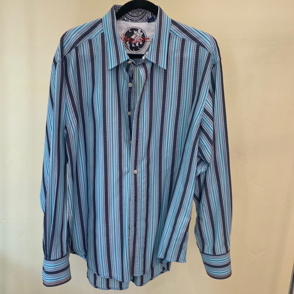 Robert Graham long sleeve buttoned down shirt, size XL. Teal & back stripe.